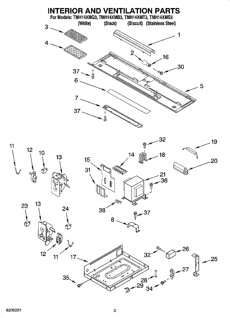 INTERIOR AND VENTILATION PARTS Diagram and Parts List for TMH14XMQ3  Estate Microwave