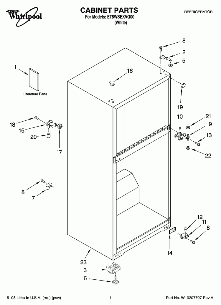 CABINET PARTS Diagram and Parts List for ET5WSEXVQ00  Whirlpool Refrigerator