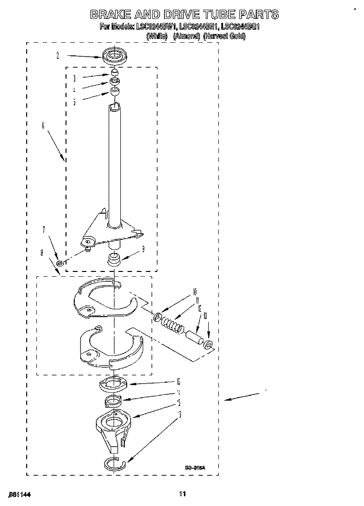 BRAKE AND DRIVE TUBE Diagram and Parts List for LSC8244BW1  Whirlpool Washer