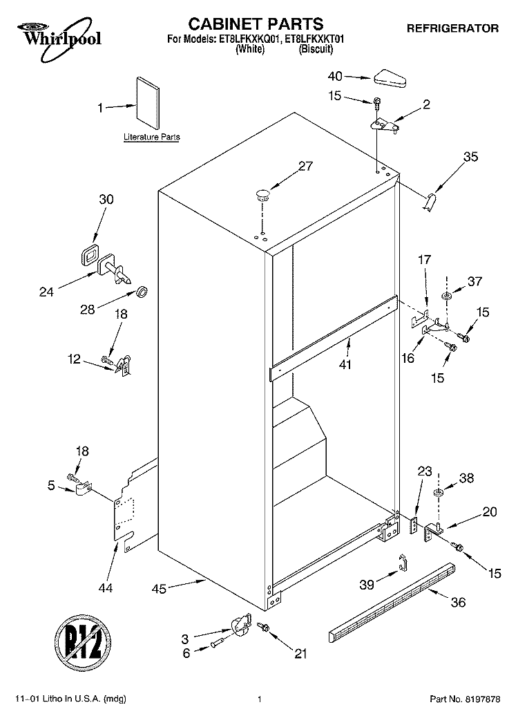 CABINET, LITERATURE Diagram and Parts List for ET8LFKXKQ01  Whirlpool Refrigerator