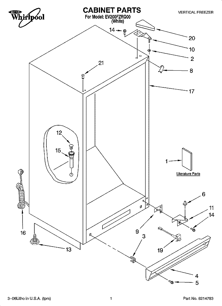 CABINET PARTS Diagram and Parts List for EV200FZRQ00  Whirlpool Freezer