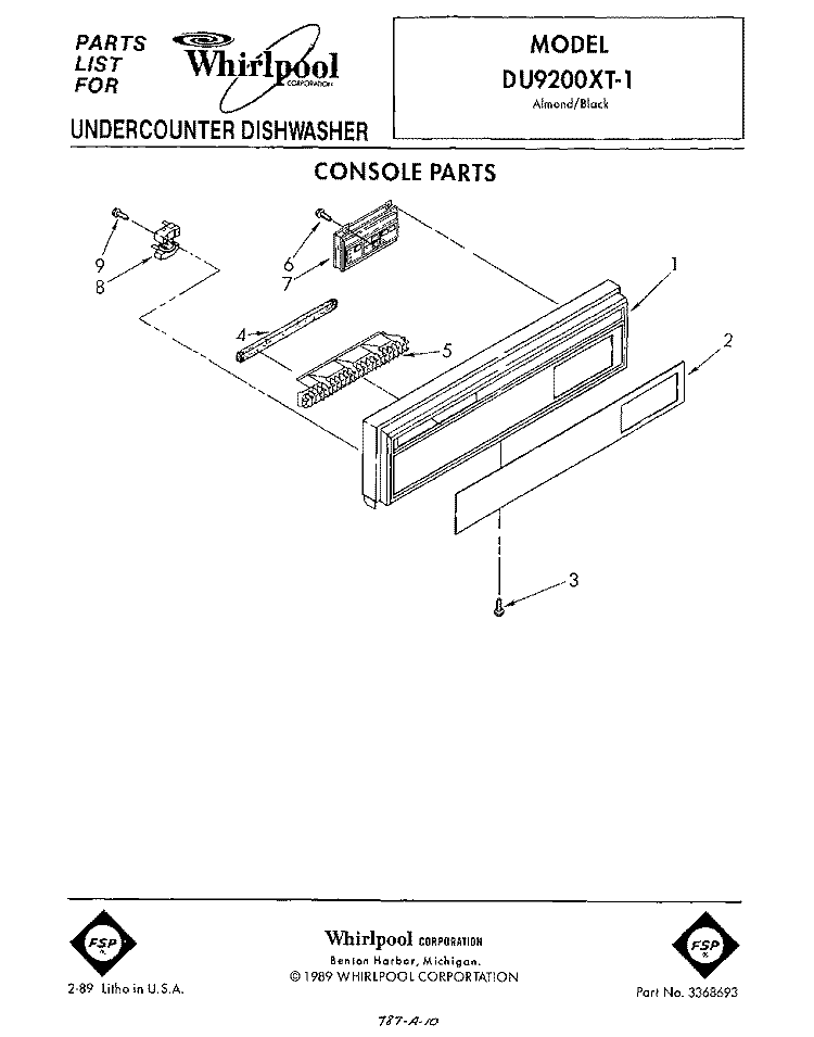 CONSOLE Diagram and Parts List for DU9200XT1  Whirlpool Dishwasher