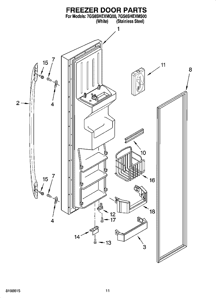 FREEZER DOOR PARTS Diagram and Parts List for 7GS6SHEXMS00  Whirlpool Refrigerator