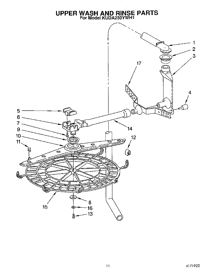 UPPER WASH AND RINSE Diagram and Parts List for KUDA230YWH1  KitchenAid Dishwasher