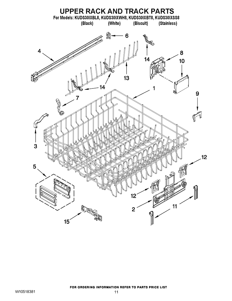 UPPER RACK AND TRACK PARTS Diagram and Parts List for KUDS30IXBL8  KitchenAid Dishwasher