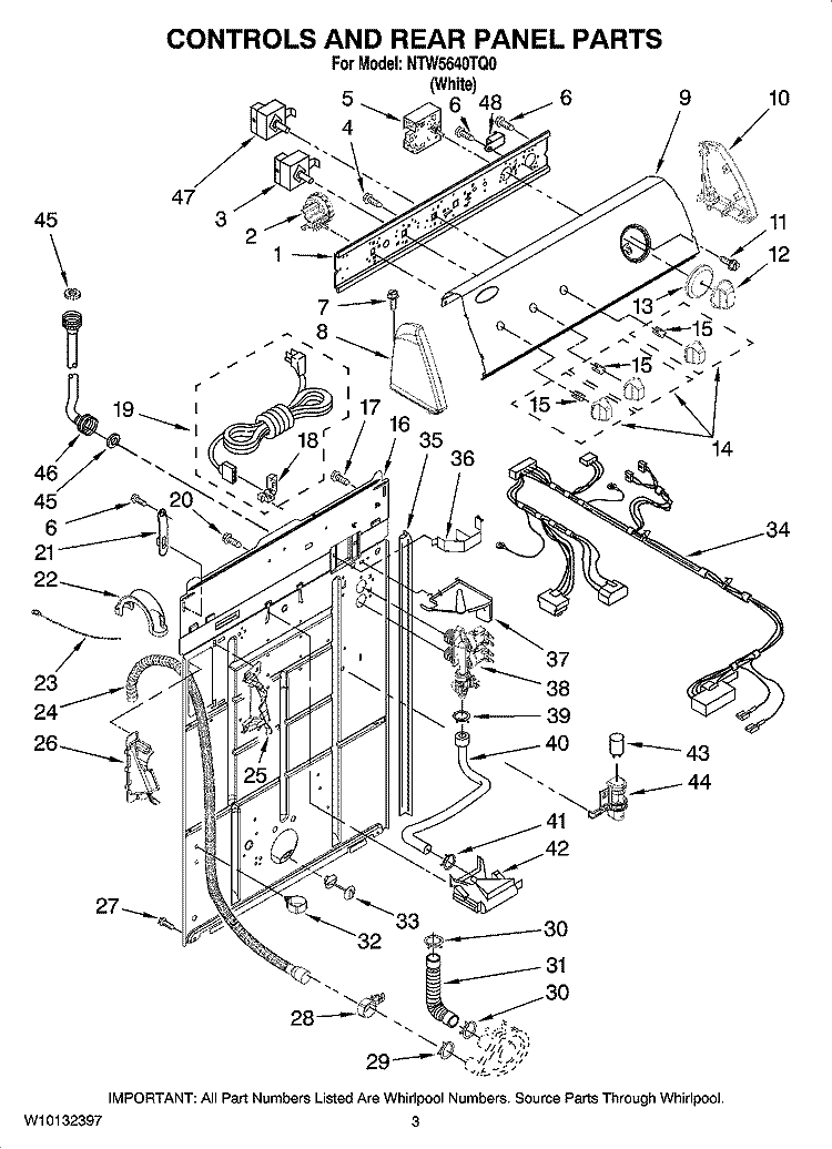CONTROLS AND REAR PANEL PARTS Diagram and Parts List for NTW5640TQ0  Whirlpool Washer