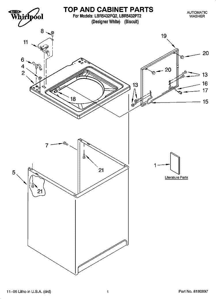 TOP AND CABINET PARTS Diagram and Parts List for LBR5432PT2  Whirlpool Washer