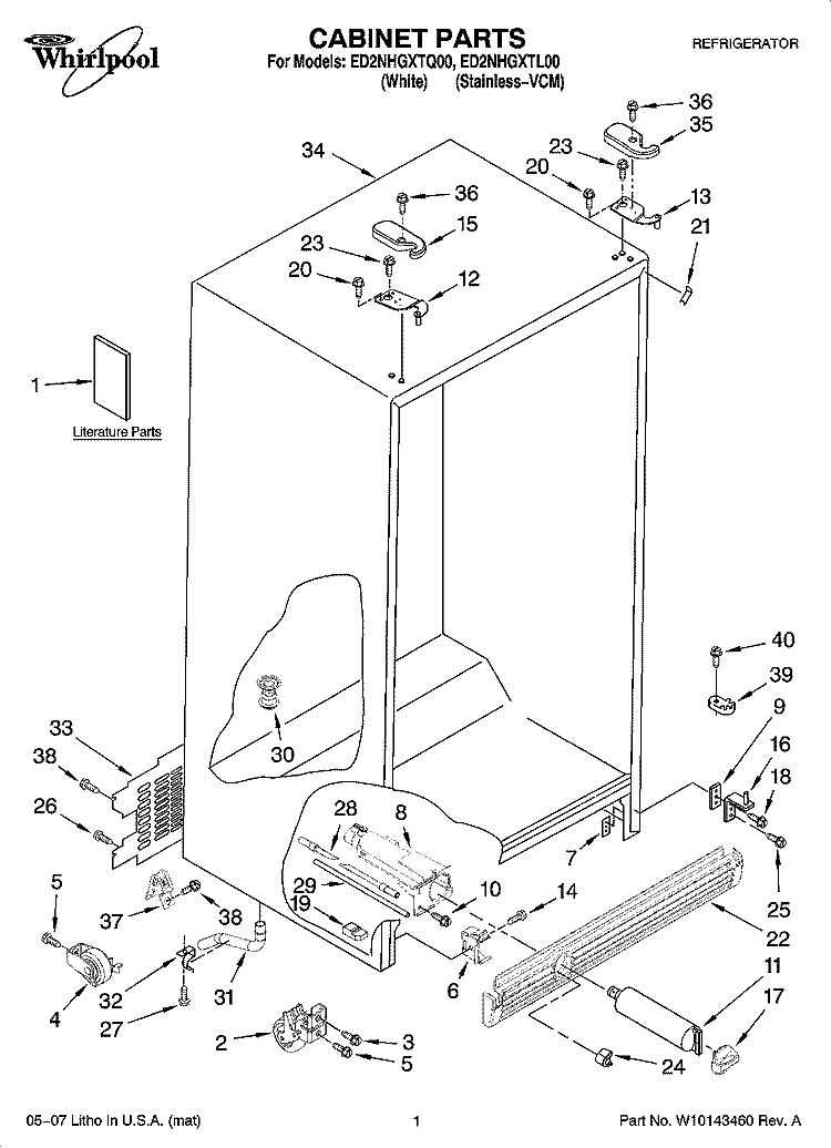 CABINET PARTS Diagram and Parts List for ED2NHGXTL00  Whirlpool Refrigerator