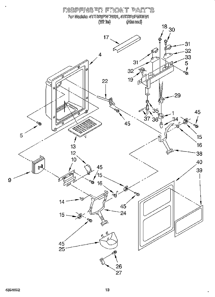 DISPENSER FRONT Diagram and Parts List for 4YED25PWDW01  Whirlpool Refrigerator