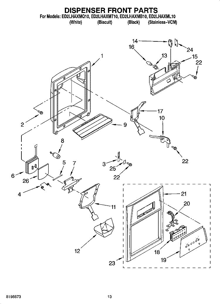 DISPENSER FRONT PARTS Diagram and Parts List for ED2LHAXMB10  Whirlpool Refrigerator