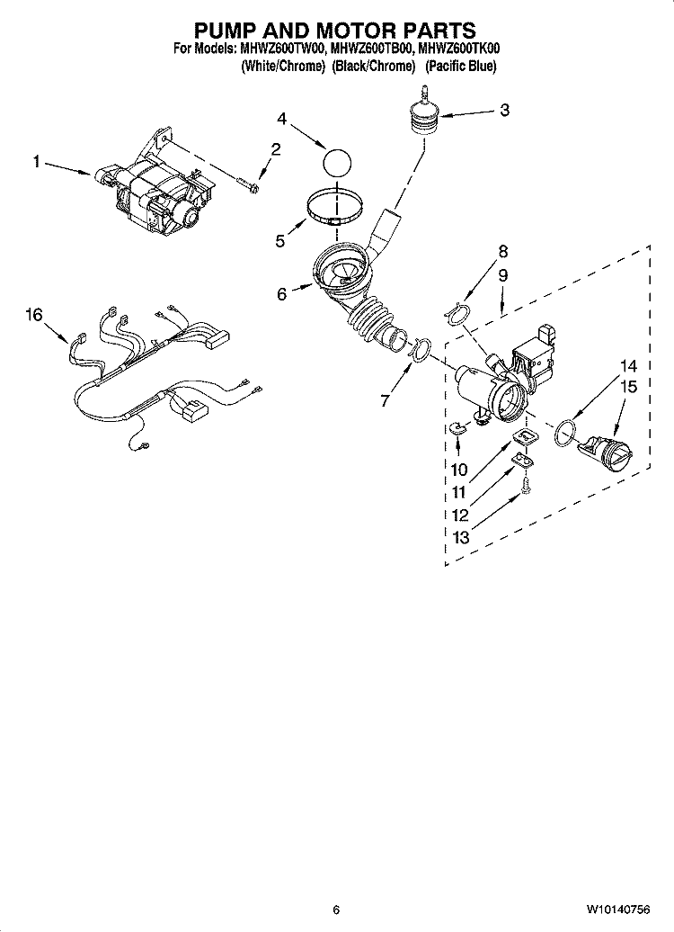 PUMP AND MOTOR PARTS Diagram and Parts List for MHWZ600TB00  Whirlpool Washer