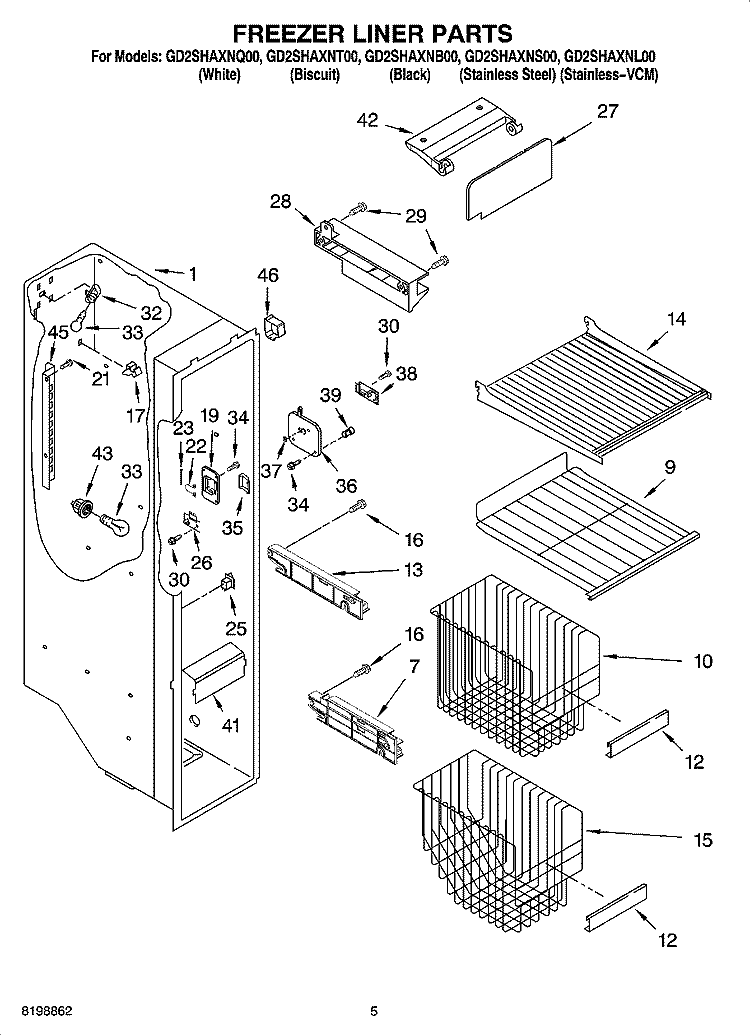 FREEZER LINER PARTS Diagram and Parts List for GD2SHAXNB00  Whirlpool Refrigerator