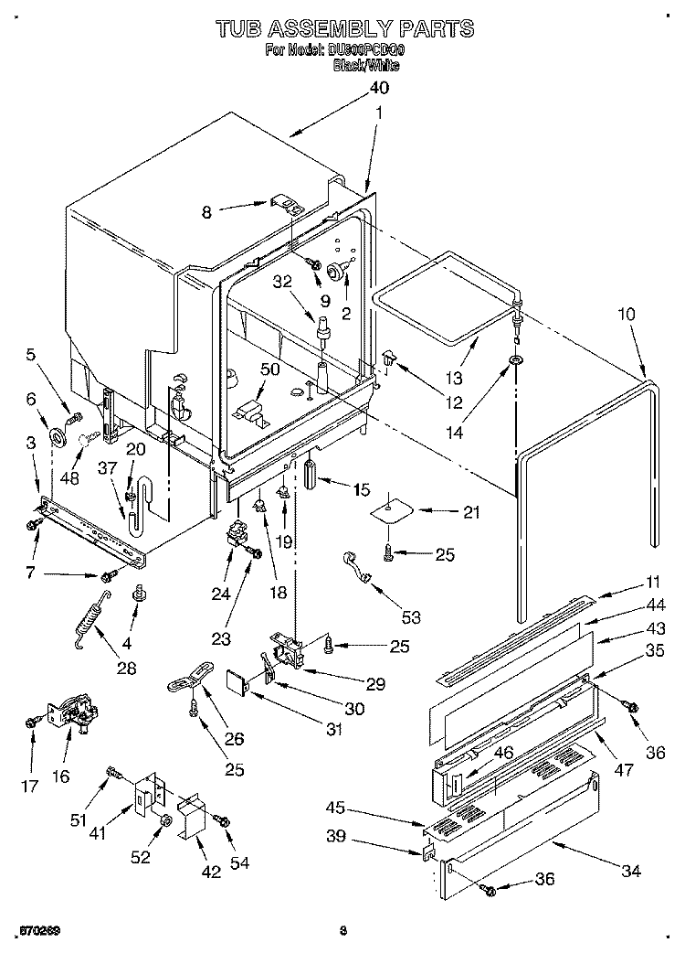 TUB ASSEMBLY Diagram and Parts List for DU900PCDQ0  Whirlpool Dishwasher