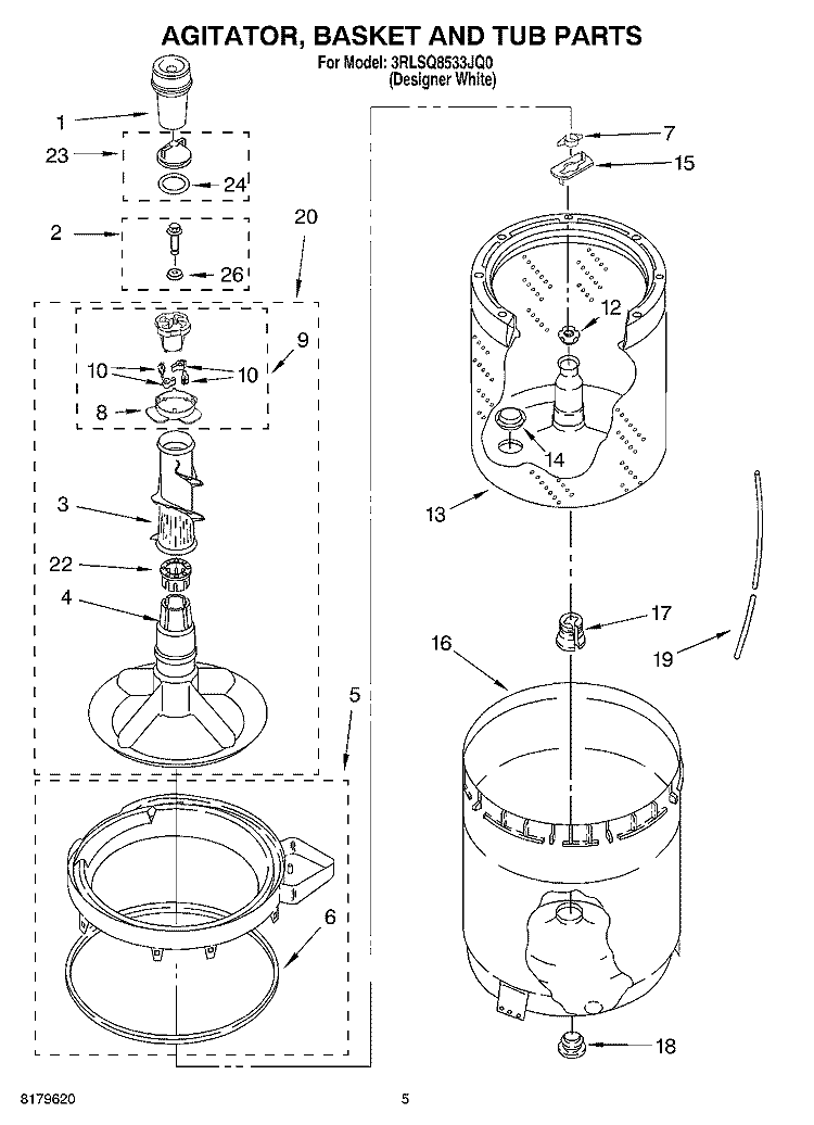 AGITATOR, BASKET AND TUB Diagram and Parts List for 3RLSQ8533JQ0  Whirlpool Washer