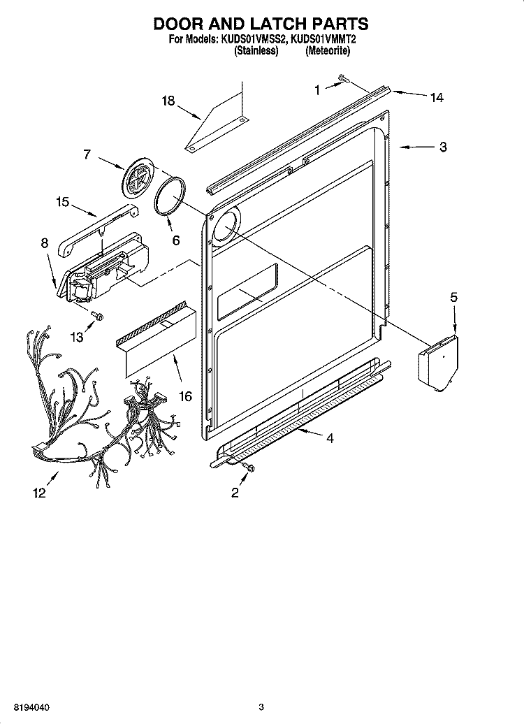 DOOR AND LATCH PARTS Diagram and Parts List for KUDS01VMMT2  KitchenAid Dishwasher