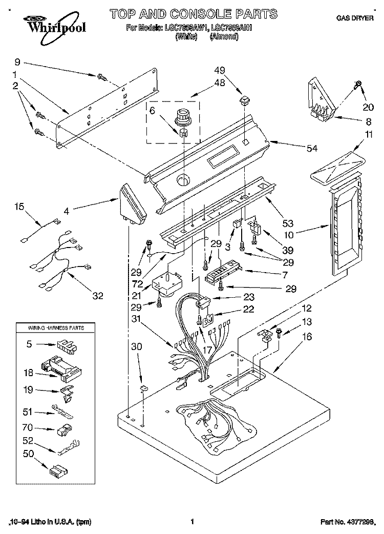 TOP AND CONSOLE, LIT/OPTIONAL Diagram and Parts List for LGC7858AW1  Whirlpool Dryer
