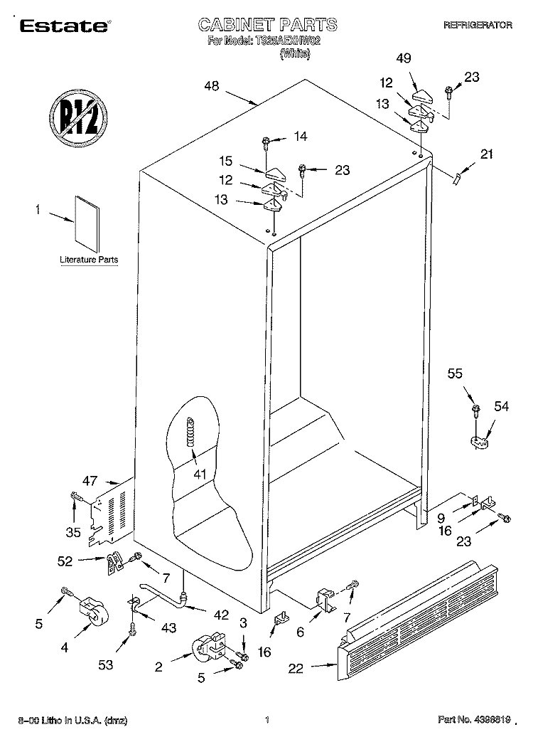 CABINET, LITERATURE Diagram and Parts List for TS25AEXHW02  Estate Refrigerator