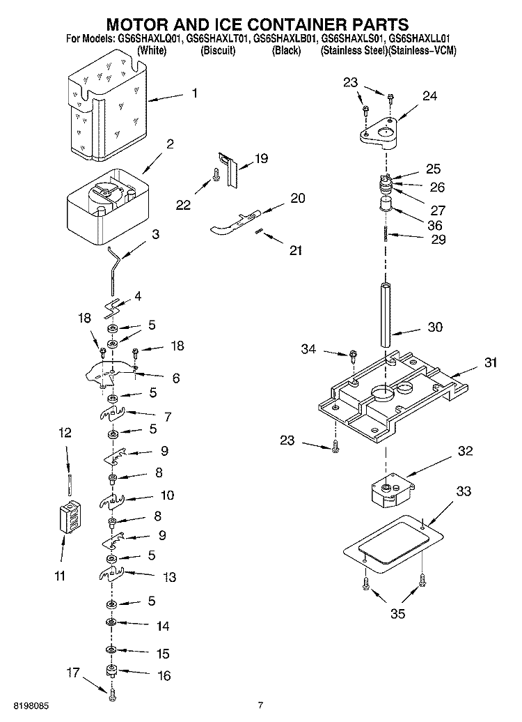 MOTOR AND ICE CONTAINER Diagram and Parts List for GS6SHAXLS01  Whirlpool Refrigerator