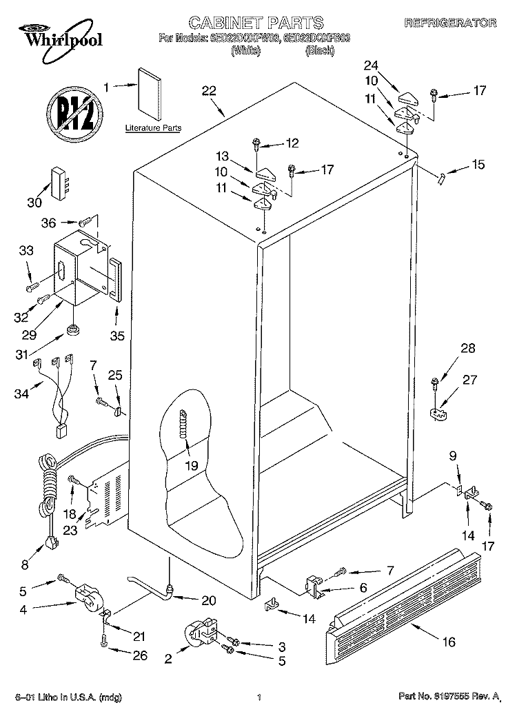 CABINET, LITERATURE Diagram and Parts List for 6ED22DQXFB03  Whirlpool Refrigerator