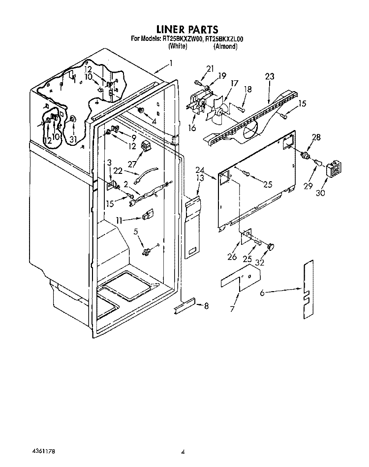 LINER Diagram and Parts List for RT25BKXZW00  Roper Refrigerator