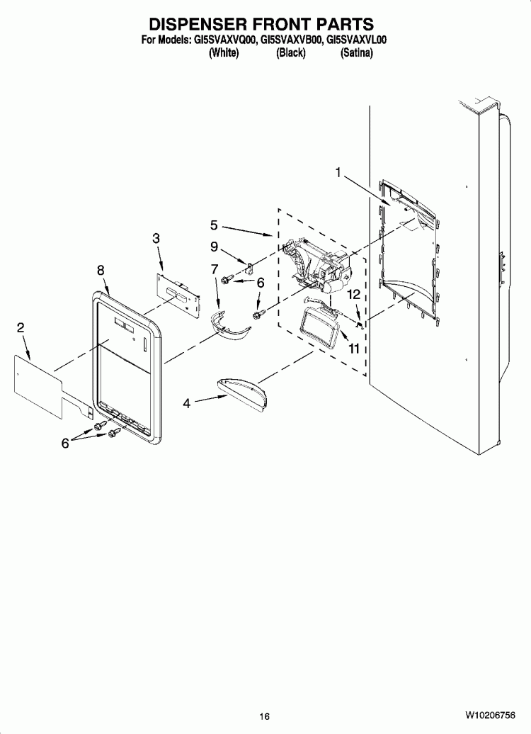 DISPENSER FRONT PARTS Diagram and Parts List for GI5SVAXVL00  Whirlpool Refrigerator
