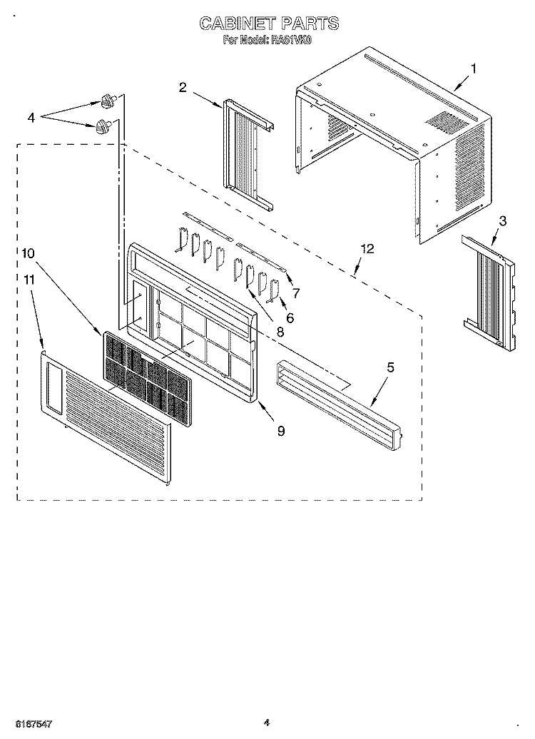 CABINET Diagram and Parts List for RA51VK0  Whirlpool Air Conditioner