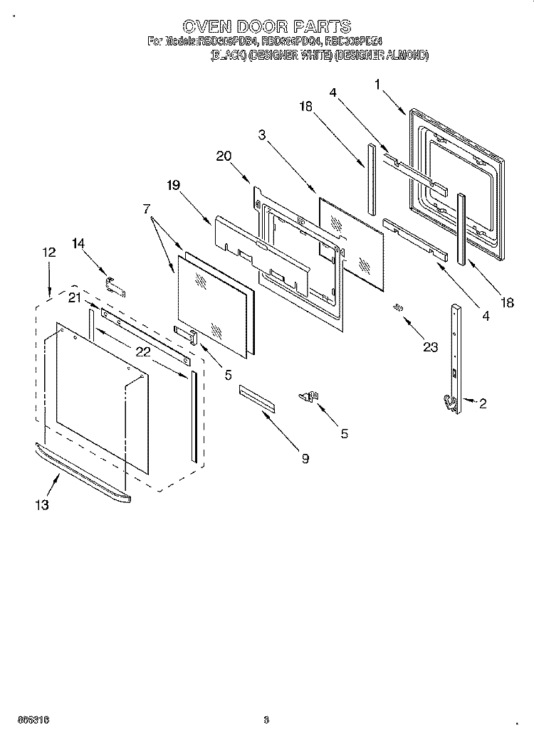OVEN DOOR Diagram and Parts List for RBD306PDB4  Whirlpool Wall Oven