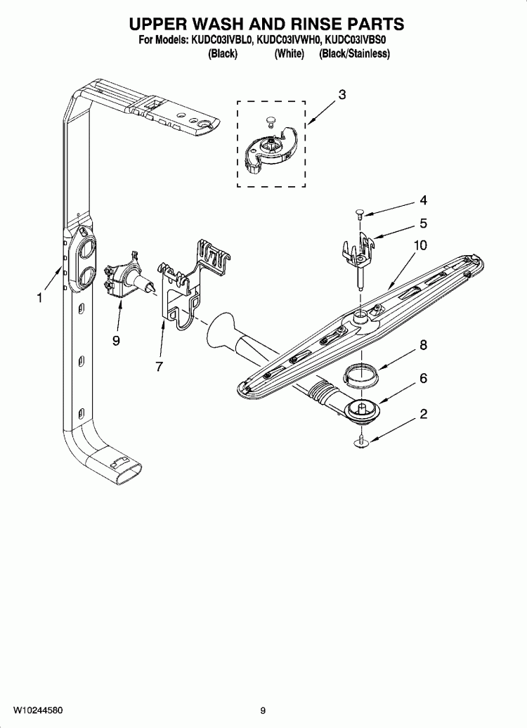 UPPER WASH AND RINSE PARTS Diagram and Parts List for KUDC03IVBL0  KitchenAid Dishwasher