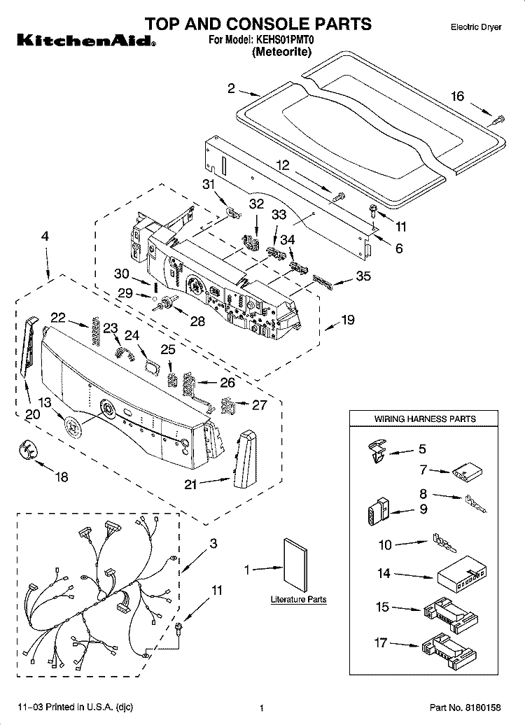 TOP AND CONSOLE PARTS Diagram and Parts List for KEHS01PMT0  KitchenAid Dryer
