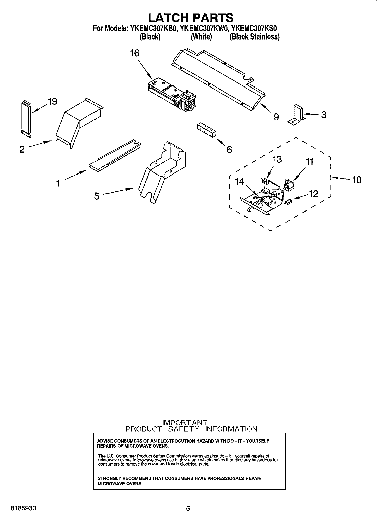 LATCH PARTS Diagram and Parts List for YKEMC307KS0  KitchenAid Microwave Oven Combo