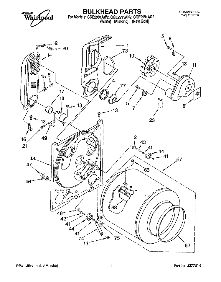 BULKHEAD, LIT/OPTIONAL Diagram and Parts List for CGE2991AG2  Whirlpool Dryer