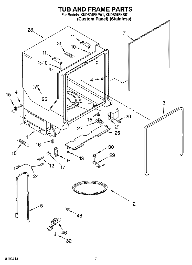 TUB AND FRAME PARTS Diagram and Parts List for KUDS01FKSS1  KitchenAid Dishwasher