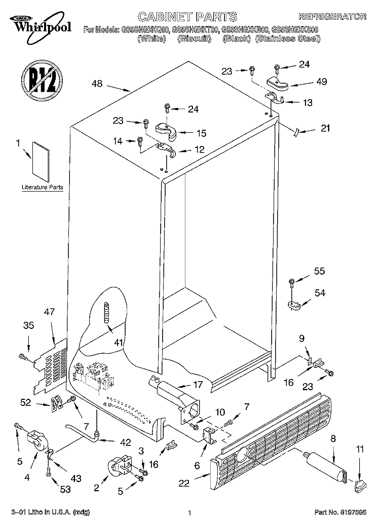 CABINET, LITERATURE Diagram and Parts List for GS5SHGXKQ00  Whirlpool Refrigerator