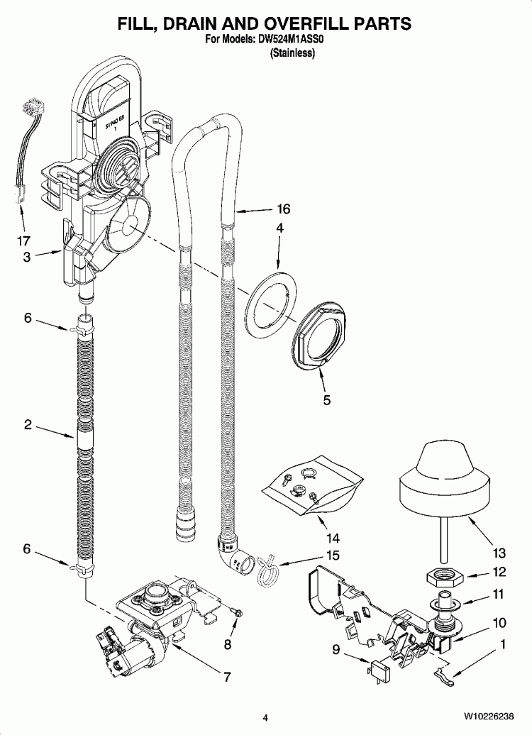 FILL, DRAIN AND OVERFILL PARTS Diagram and Parts List for DW524M1ASS0  Whirlpool Dishwasher