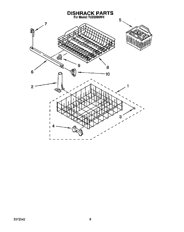 DISHRACK Diagram and Parts List for TUD2000W4  Whirlpool Dishwasher