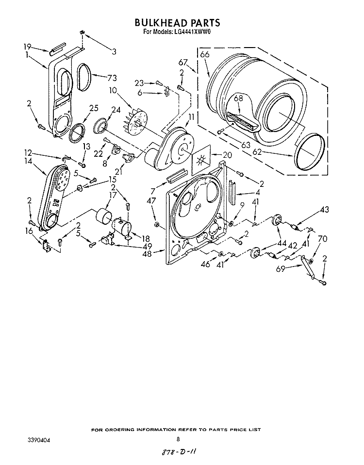 BULKHEAD Diagram and Parts List for LG4441XWW0  Whirlpool Dryer