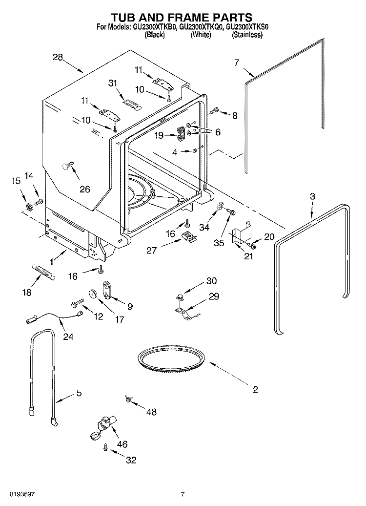 TUB AND FRAME Diagram and Parts List for GU2300XTKQ0  Whirlpool Dishwasher