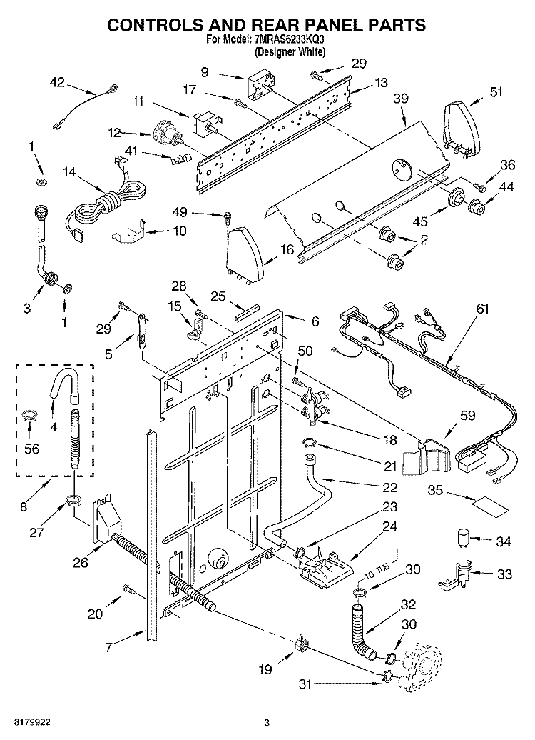 CONTROLS AND REAR PANEL Diagram and Parts List for 7MRAS6233KQ3  Roper Washer