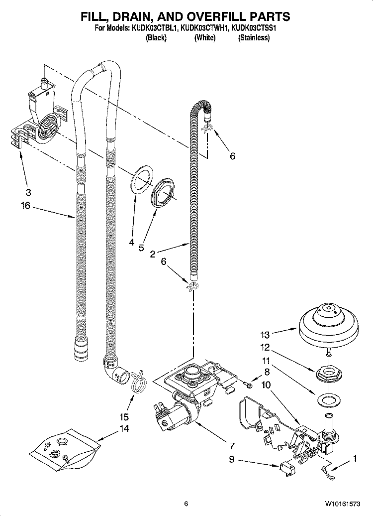 FILL, DRAIN, AND OVERFILL PARTS Diagram and Parts List for KUDK03CTWH1  KitchenAid Dishwasher