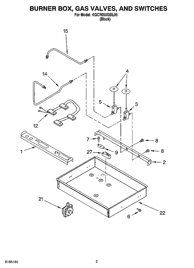 BURNER BOX, GAS VALVES, AND SWITCHES Diagram and Parts List for KGCR055GBL05  KitchenAid Cooktop