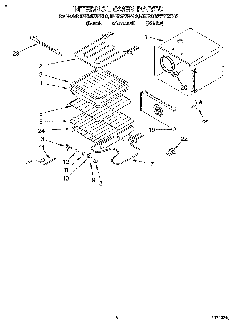 INTERNAL OVEN Diagram and Parts List for KEBS277BBL0  KitchenAid Wall Oven