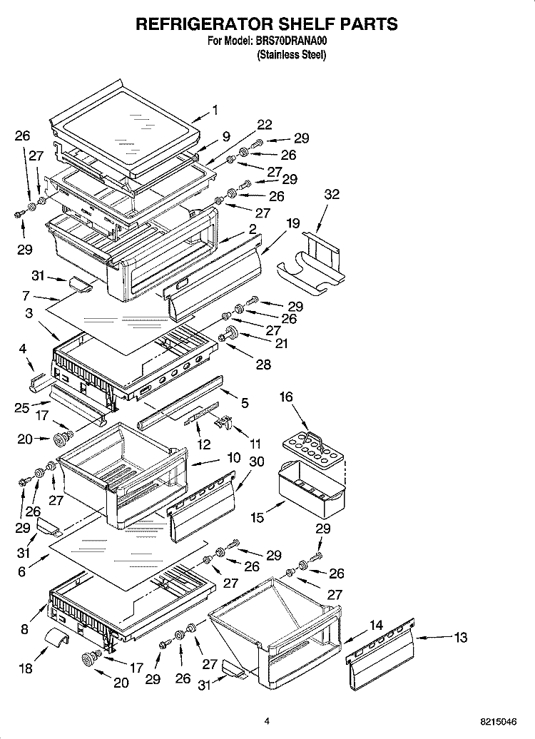 REFRIGERATOR SHELF PARTS Diagram and Parts List for BRS70DRANA00  Whirlpool Refrigerator