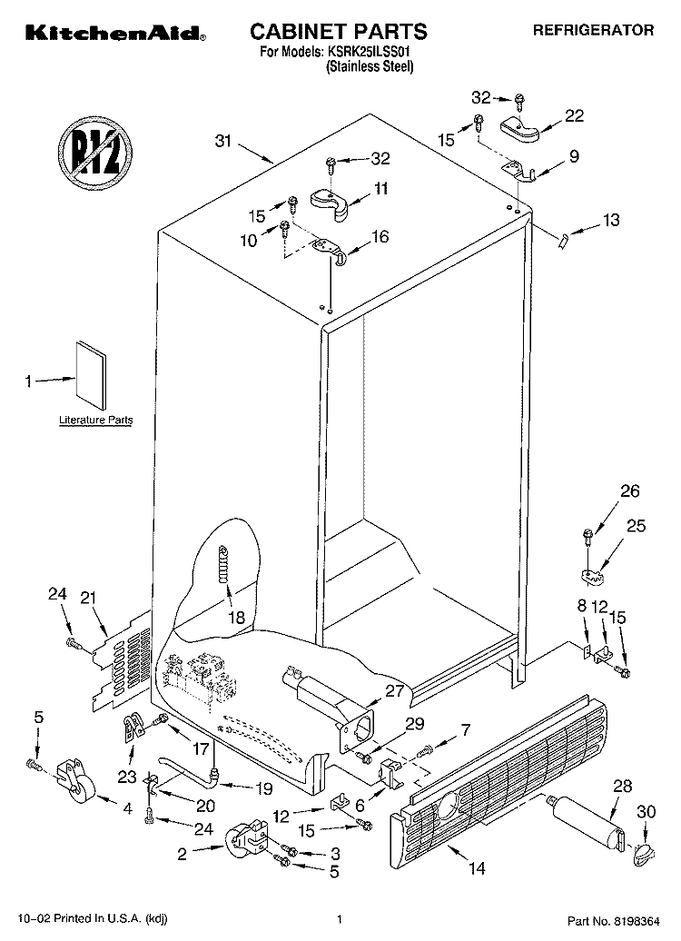 CABINET, LITERATURE Diagram and Parts List for KSRK25ILSS01  KitchenAid Refrigerator