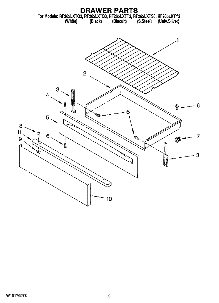 DRAWER PARTS Diagram and Parts List for RF265LXTB3  Whirlpool Range