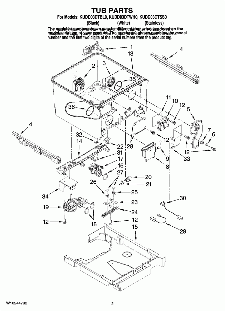 TUB PARTS Diagram and Parts List for KUDD03DTBL0  KitchenAid Dishwasher