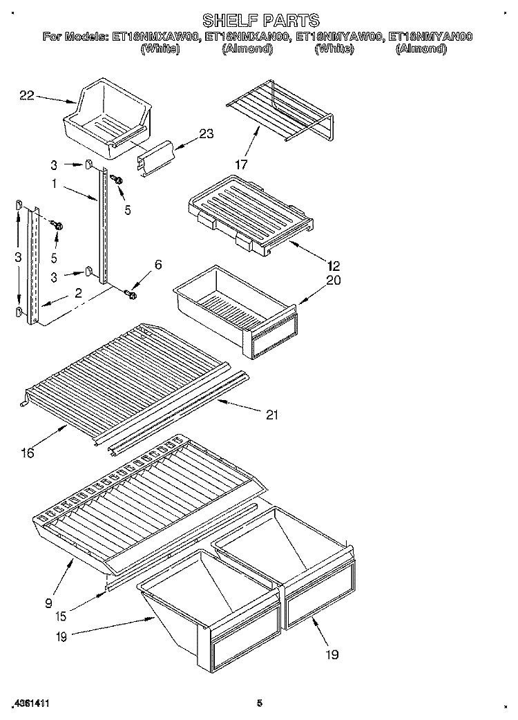 SHELF Diagram and Parts List for ET18NMYAN00  Whirlpool Refrigerator