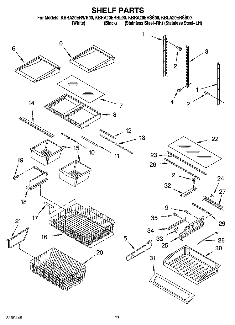SHELF PARTS Diagram and Parts List for KBLA20ERSS00  KitchenAid Refrigerator