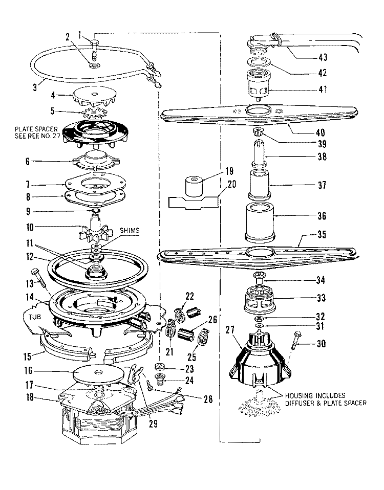 MOTOR, HEATER AND SPRAY ARM Diagram and Parts List for 8595L10  Roper Dishwasher