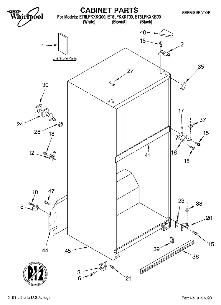 CABINET, LITERATURE Diagram and Parts List for ET8LFKXKB00  Whirlpool Refrigerator