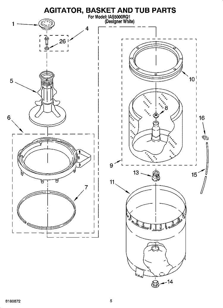 AGITATOR, BASKET AND TUB PARTS Diagram and Parts List for IAS5000RQ1  Inglis Washer